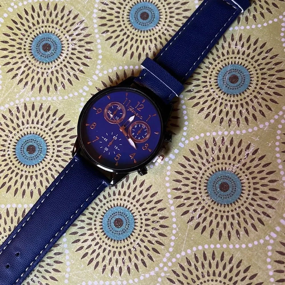 Casual Navy Blue Leather Quartz Watch